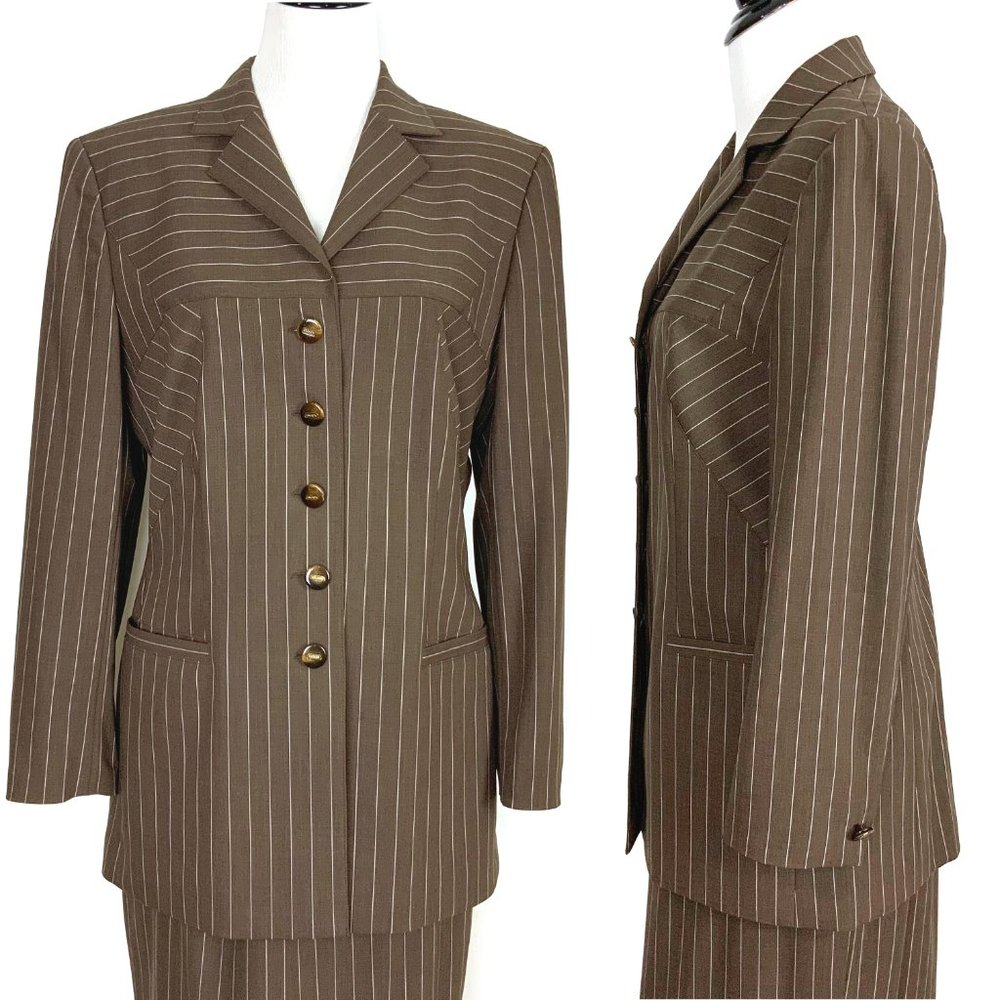 ESCADA Pinstripe Brown Wool Suit Blazer & Skirt Career Business Sz 42-44 (8-10)
